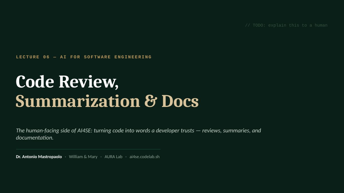 Title slide for Code review, summarization, and documentation